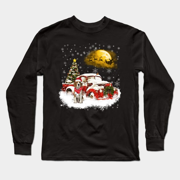 Red Truck Xmas Tree Beagle Christmas Long Sleeve T-Shirt by Benko Clarence